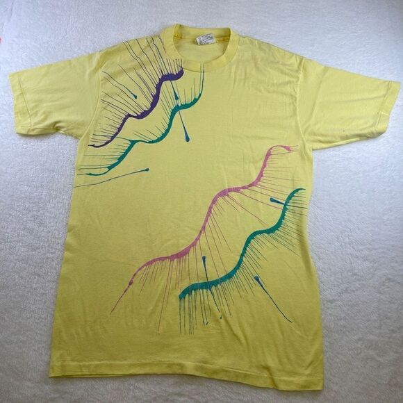 Large Vintage Hanes Fifty-Fifty Canary Yellow Custom Painted T-Shirt Glitter - Picture 1 of 16